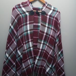 Hooded plaid poncho cape with fringe. one size